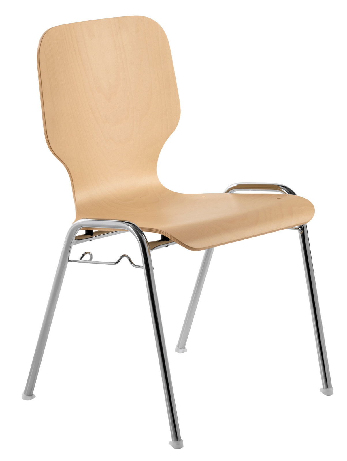 Moderner Stapelstuhl aus hellem Holz mit Metallbeinen, seitliche Perspektive