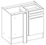 Technische Zeichnung eines Eckunterschranks mit zwei Schubladen und einer Tür, perspektivische Ansicht von vorne rechts.
