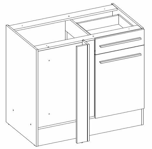 Technische Zeichnung eines Eckunterschranks mit zwei Schubladen und einer Tür, perspektivische Ansicht von vorne rechts.