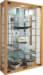 Moderne Glasvitrine mit Holzrahmen, Glasböden und integrierter Beleuchtung, gefüllt mit Dekoobjekten und Büchern, in schräger Frontansicht (leicht von links).