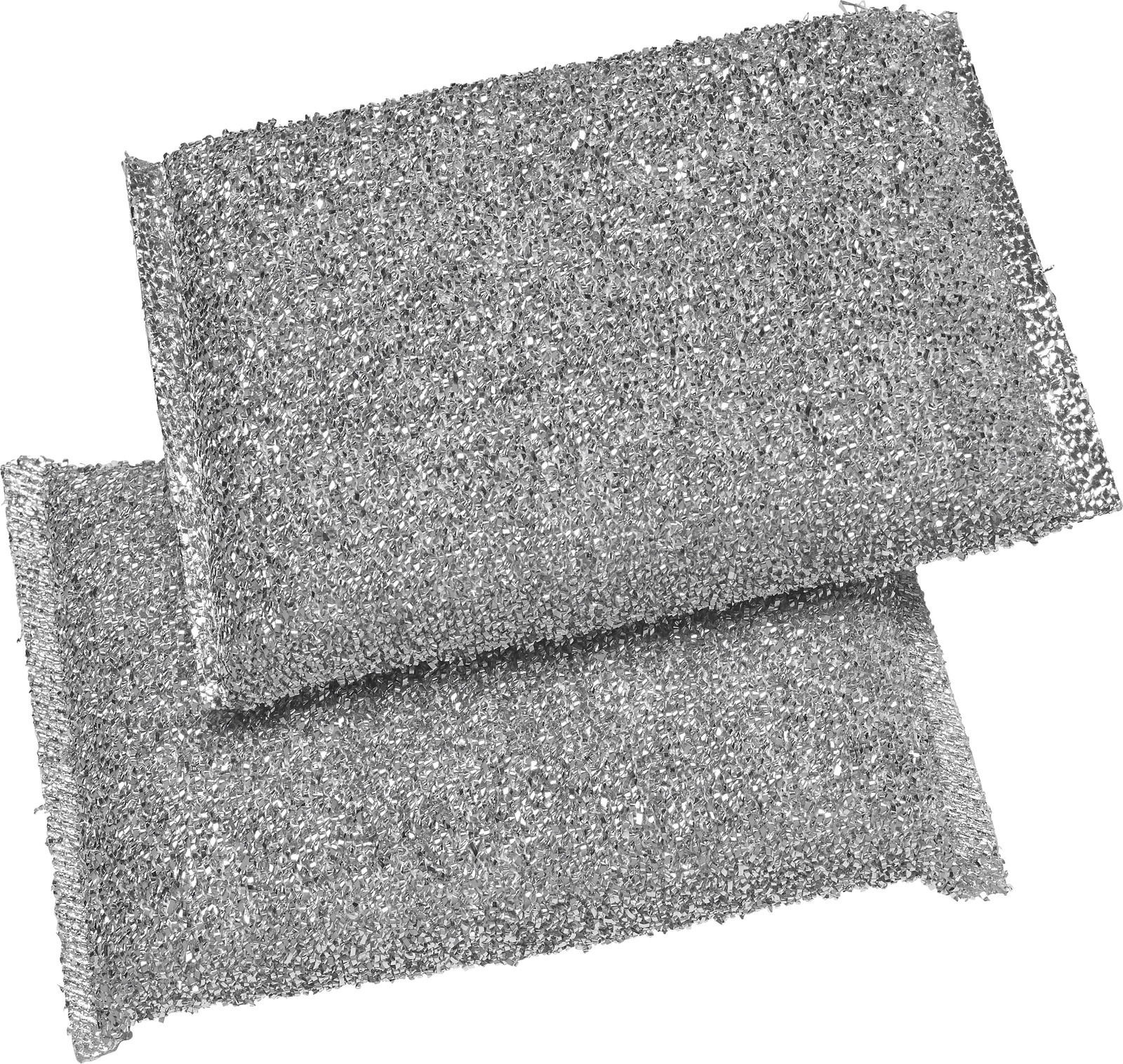 Zwei silberne Kombischwämme aus Metallgeflecht, übereinander liegend, in Draufsicht.