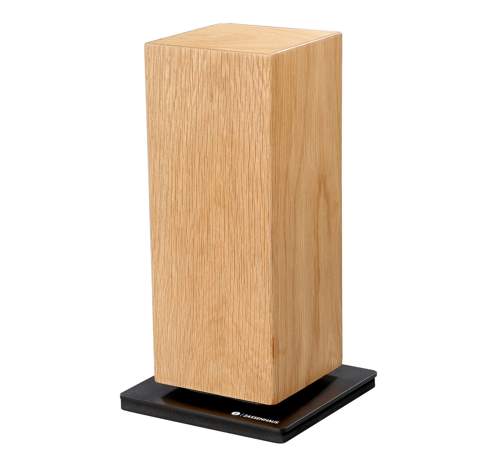 Magnet-Messerblock aus Eiche in vertikaler Perspektive auf schwarzem Sockel.