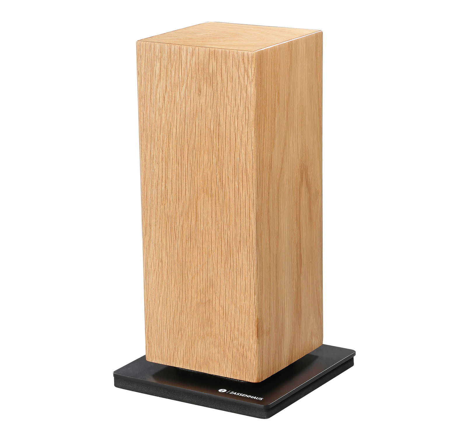 Magnet-Messerblock aus Eiche in vertikaler Perspektive auf schwarzem Sockel.