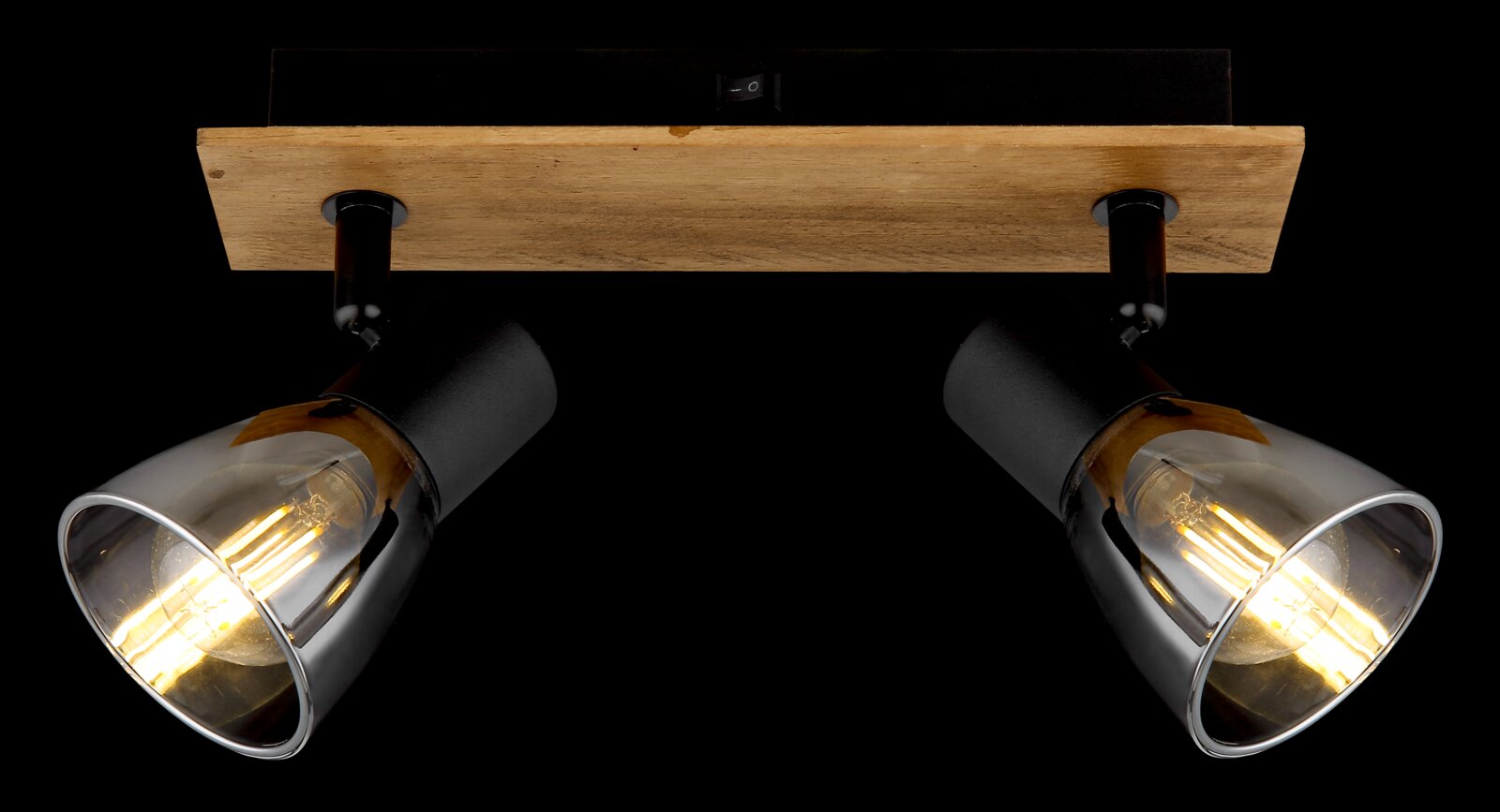 Zweiflammiger Deckenstrahler mit Holz- und Metallelementen, seitliche Perspektive