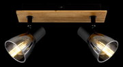 Zweiflammiger Deckenstrahler mit Holz- und Metallelementen, seitliche Perspektive