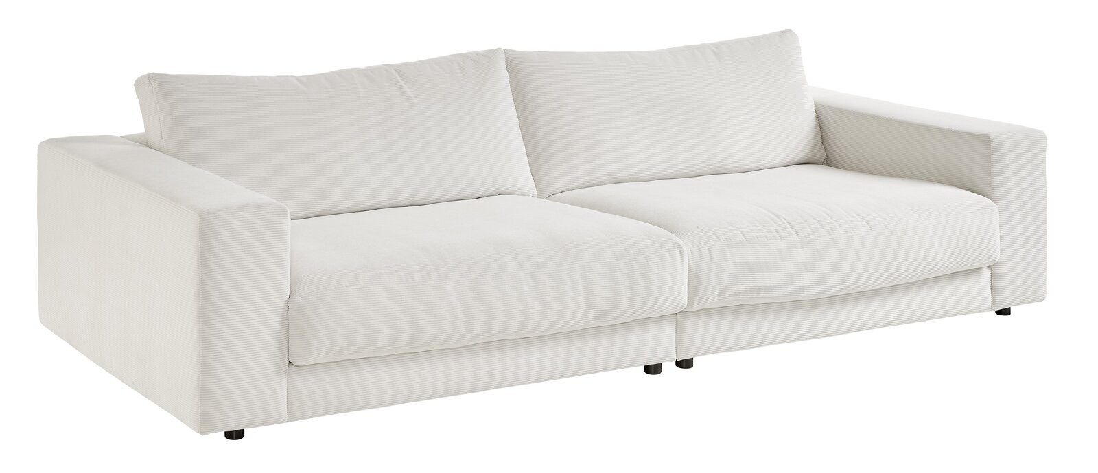 Großes, modernes Sofa in Weiß mit zwei Sitzkissen und zwei Rückenkissen, seitliche Perspektive