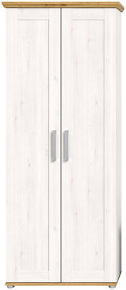 Zweiflügeliger Garderobenschrank in heller Holzoptik mit Holzdetails an Ober- und Unterseite, Frontalansicht