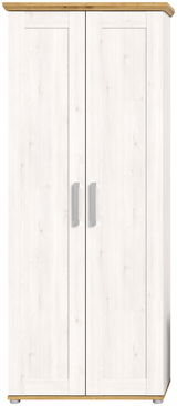 Zweiflügeliger Garderobenschrank in heller Holzoptik mit Holzdetails an Ober- und Unterseite, Frontalansicht