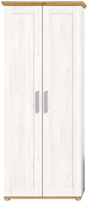 Zweiflügeliger Garderobenschrank in heller Holzoptik mit Holzdetails an Ober- und Unterseite, Frontalansicht