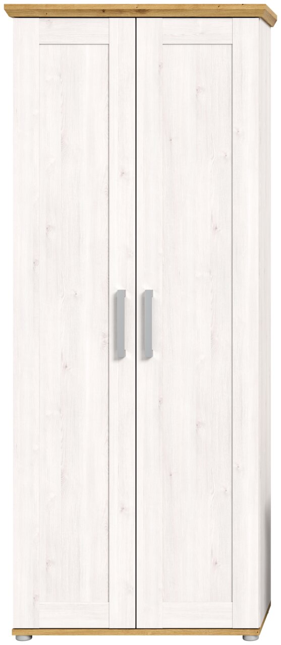 Zweiflügeliger Garderobenschrank in heller Holzoptik mit Holzdetails an Ober- und Unterseite, Frontalansicht