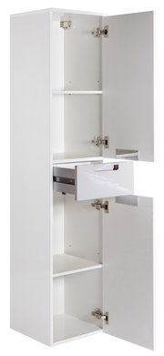 Weißer Hochschrank mit geöffneten Türen und Schublade, seitliche Perspektive