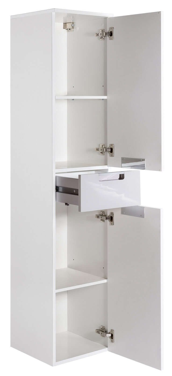 Weißer Hochschrank mit geöffneten Türen und Schublade, seitliche Perspektive