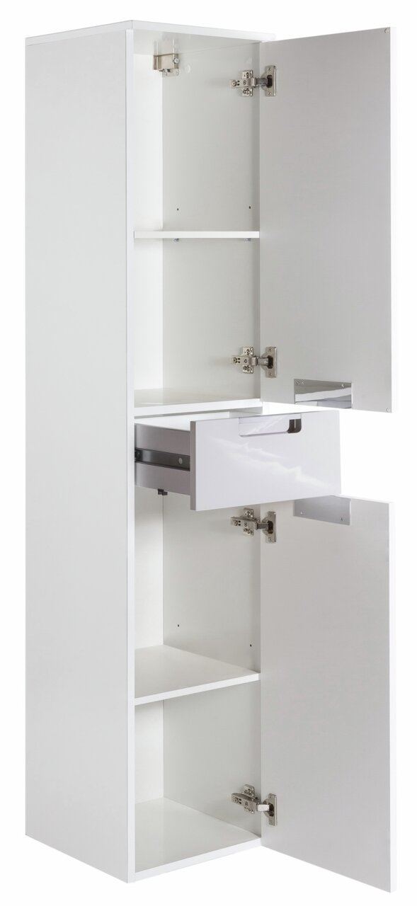 Weißer Hochschrank mit geöffneten Türen und Schublade, seitliche Perspektive