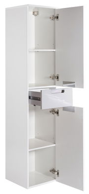 Weißer Hochschrank mit geöffneten Türen und Schublade, seitliche Perspektive