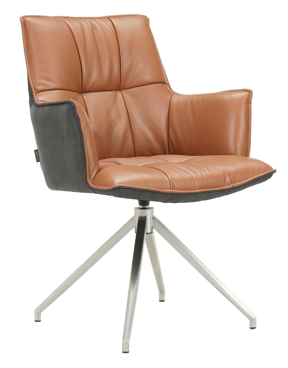 Novel Fauteuil OSAKA 3.0 Moderner Sessel mit braunem Lederbezug und grauem Stoffrücken, auf einem silbernen Metallgestell, seitliche Perspektive.