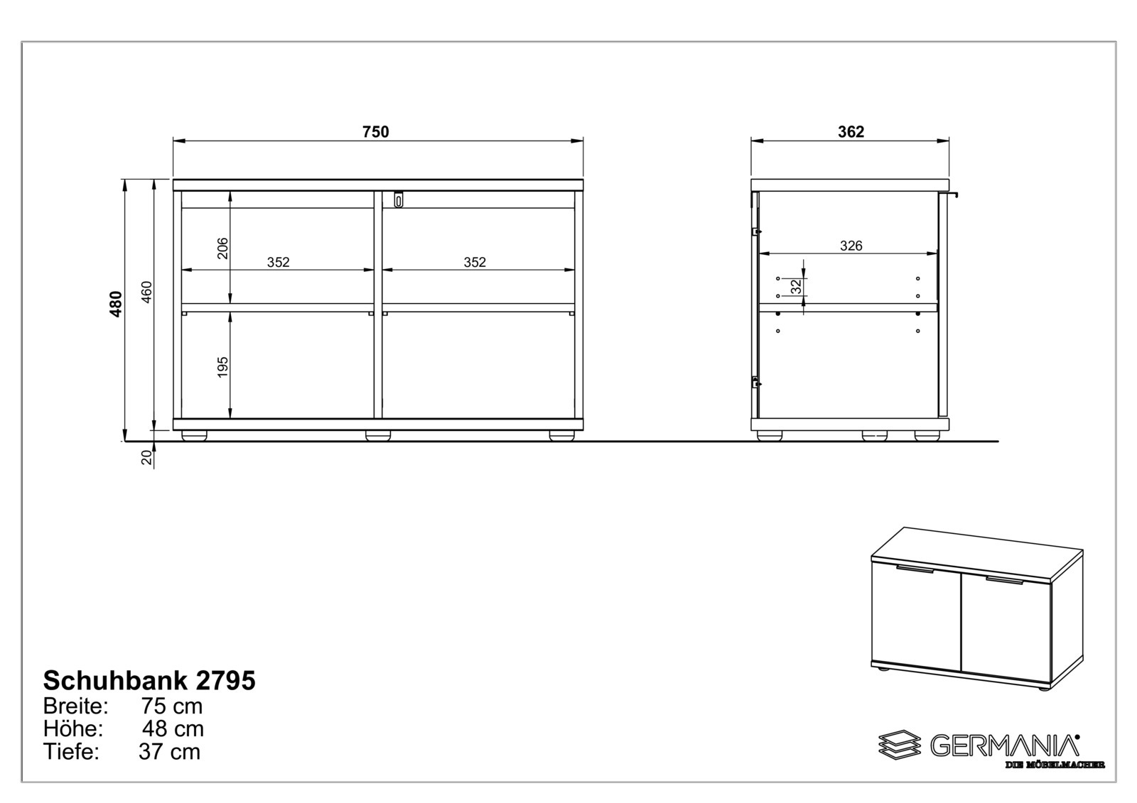 Technische Zeichnung einer Schuhbank mit den Maßen: Breite 75 cm, Höhe 48 cm, Tiefe 37 cm. Die Zeichnung zeigt die Vorder- und Seitenansicht sowie eine perspektivische Ansicht des Produkts.