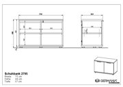 Technische Zeichnung einer Schuhbank mit den Maßen: Breite 75 cm, Höhe 48 cm, Tiefe 37 cm. Die Zeichnung zeigt die Vorder- und Seitenansicht sowie eine perspektivische Ansicht des Produkts.