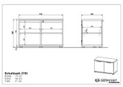 Technische Zeichnung einer Schuhbank mit den Maßen: Breite 75 cm, Höhe 48 cm, Tiefe 37 cm. Die Zeichnung zeigt die Vorder- und Seitenansicht sowie eine perspektivische Ansicht des Produkts.