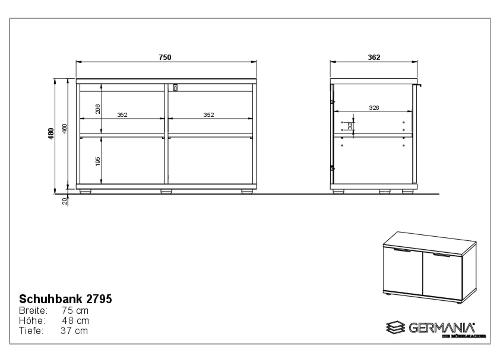 Technische Zeichnung einer Schuhbank mit den Maßen: Breite 75 cm, Höhe 48 cm, Tiefe 37 cm. Die Zeichnung zeigt die Vorder- und Seitenansicht sowie eine perspektivische Ansicht des Produkts.