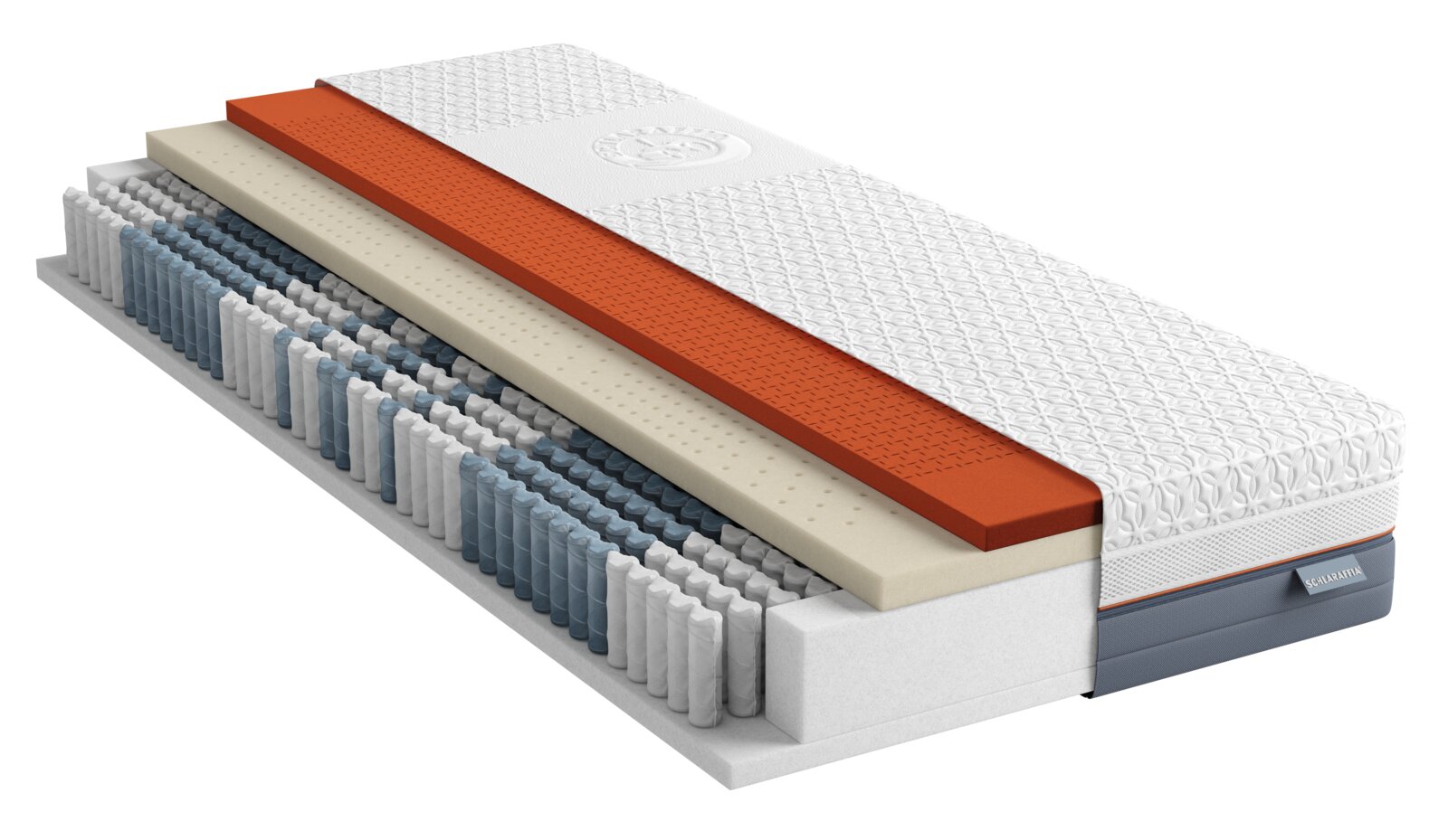 Matras in opengewerkte laagweergave met pocketveren, schuimlagen en witte tijk, schuin van boven gezien