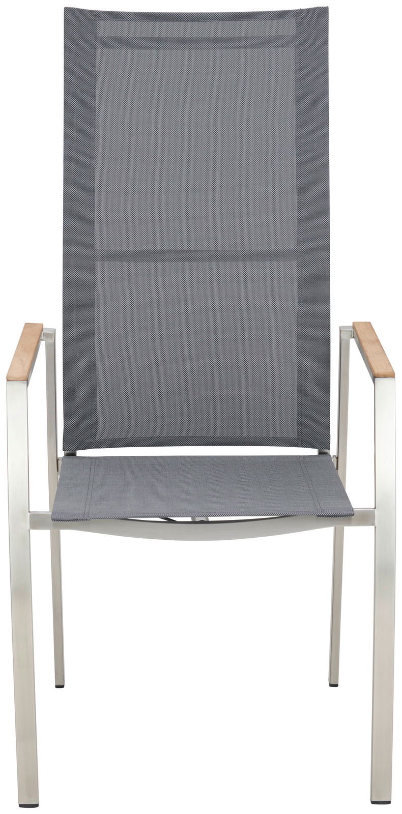 Moderner Gartensessel mit grauem Textilgewebe und Armlehnen aus Holz, Frontalansicht