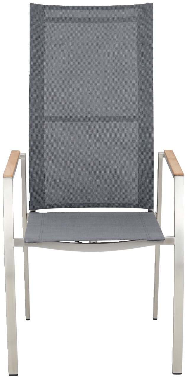 Moderne tuinstoel met grijze textielbekleding en houten armleuningen, vooraanzicht
