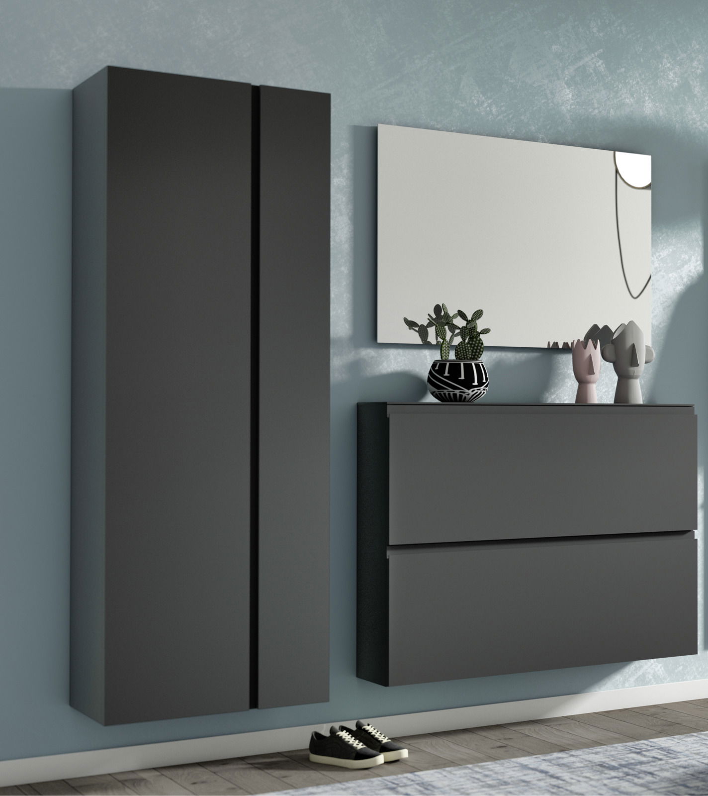 Moderano Garderoben-Set LECCO Modernes Garderobenset in dunklem Design mit Wandspiegel, Schuhschrank und Dekoration, seitliche Perspektive