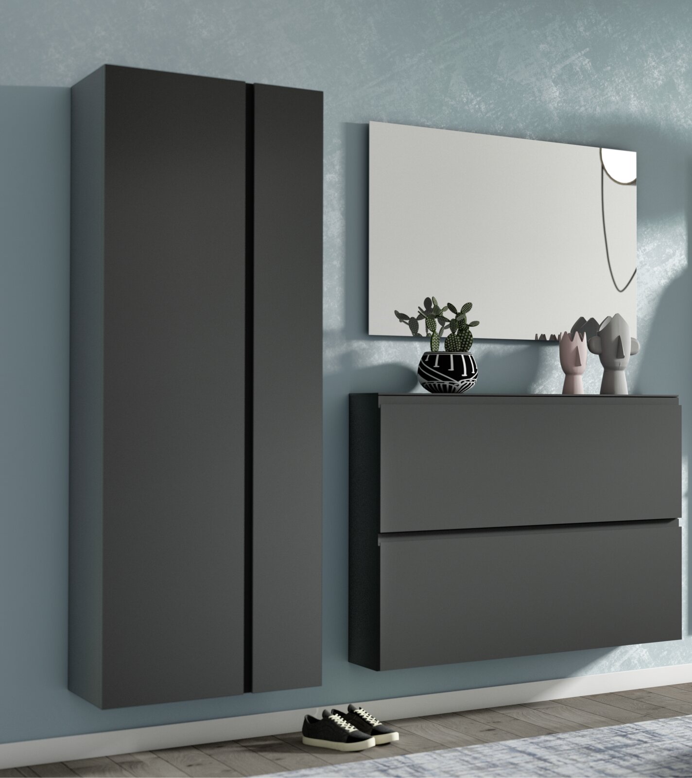 Modernes Garderobenset in dunklem Design mit Wandspiegel, Schuhschrank und Dekoration, seitliche Perspektive