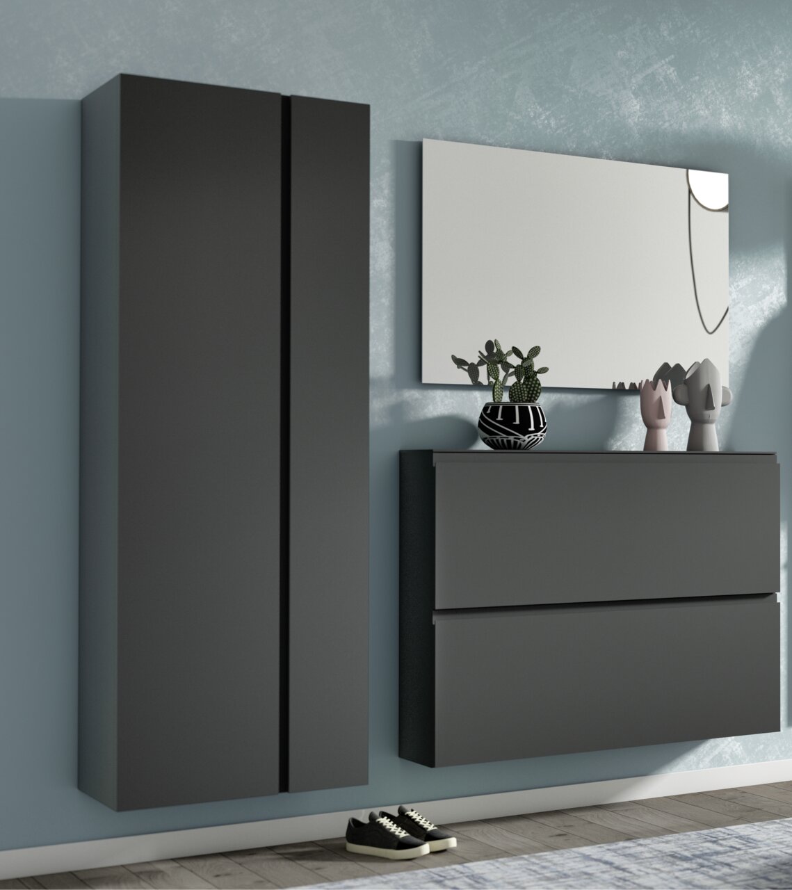 Modernes Garderobenset in dunklem Design mit Wandspiegel, Schuhschrank und Dekoration, seitliche Perspektive