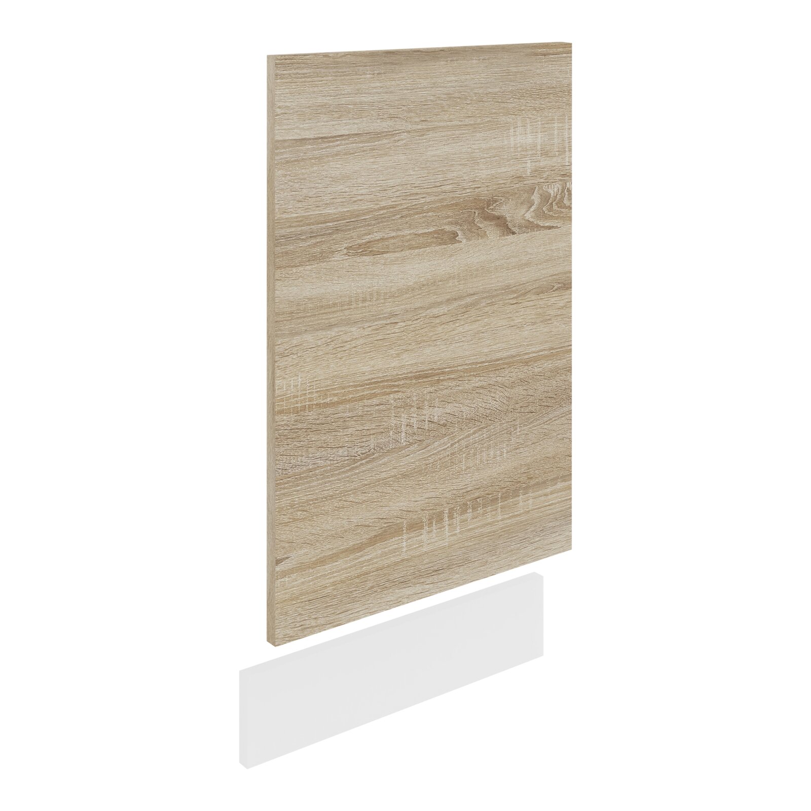 Holzdekor-Platte in heller Eichenoptik, freigestellt vor weißem Hintergrund, schräg von vorn in leichter Seitenansicht (3/4-Perspektive) dargestellt