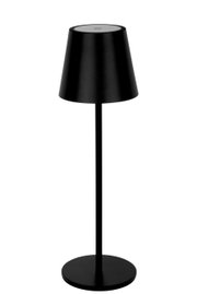 Schwarze Akku-Tischleuchte mit modernem Design, seitliche Perspektive