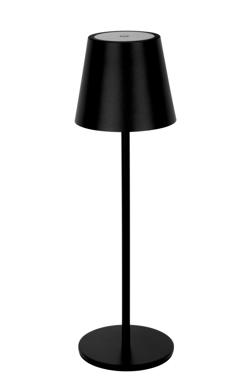 Schwarze Akku-Tischleuchte mit modernem Design, seitliche Perspektive
