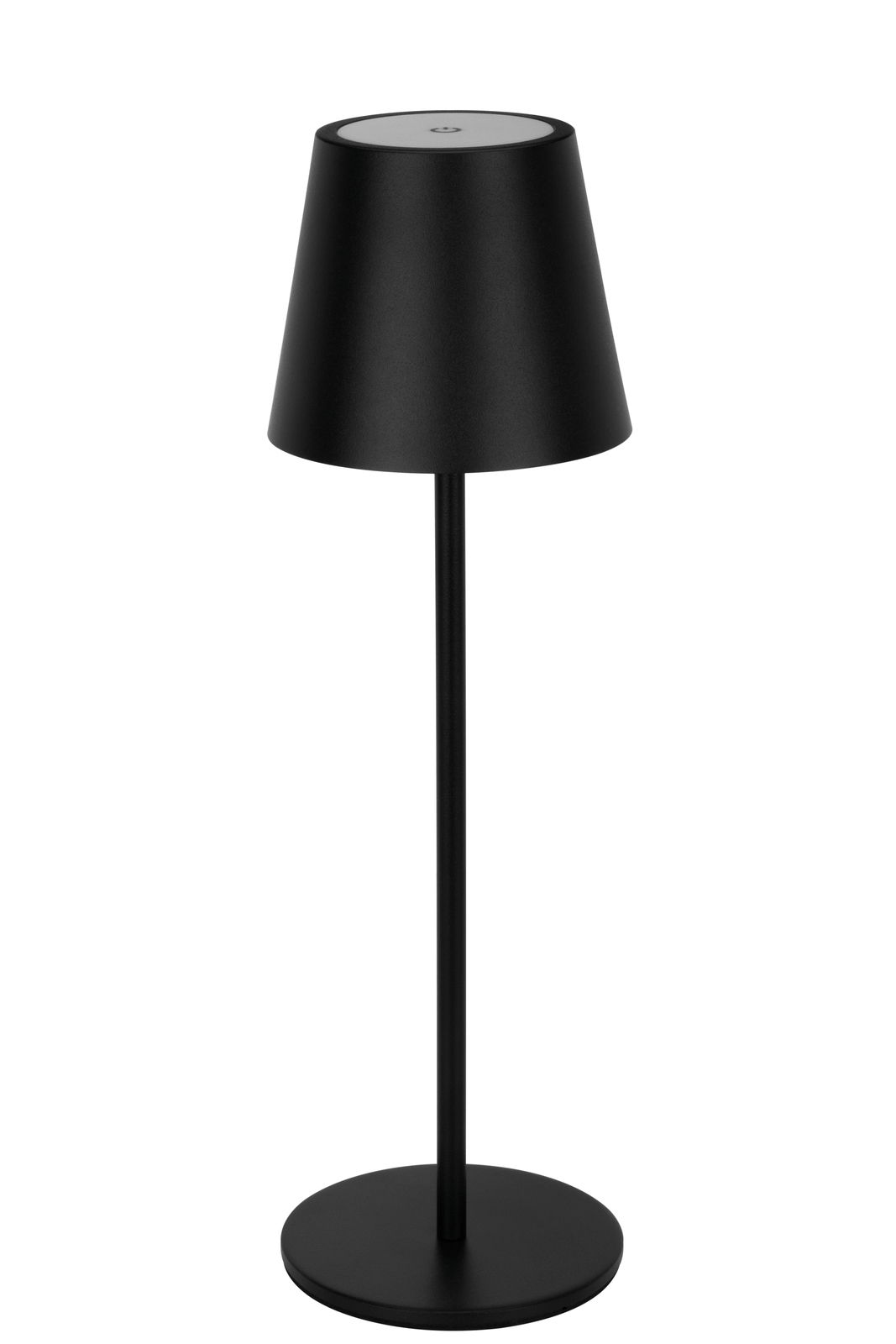 Schwarze Akku-Tischleuchte mit modernem Design, seitliche Perspektive