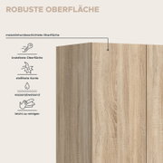 Detailansicht einer melaminharzbeschichteten Holzoptik-Oberfläche in Eiche-Optik mit Hinweis auf kratzfeste, stoßfeste, wasserabweisende und leicht zu reinigende Eigenschaften, gezeigt in schräger Frontansicht von oben