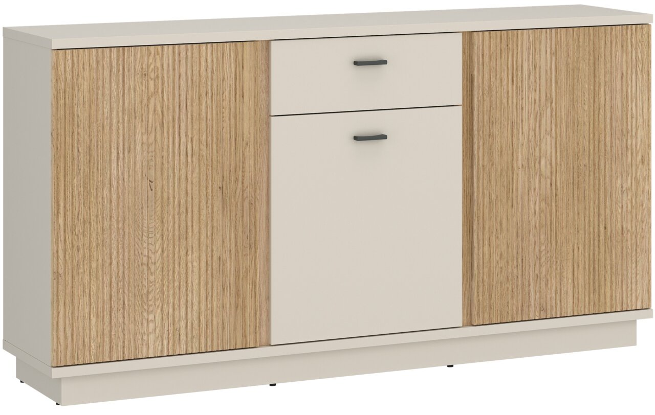 Modern dressoir met twee houten deuren en een lade, gezien van voren