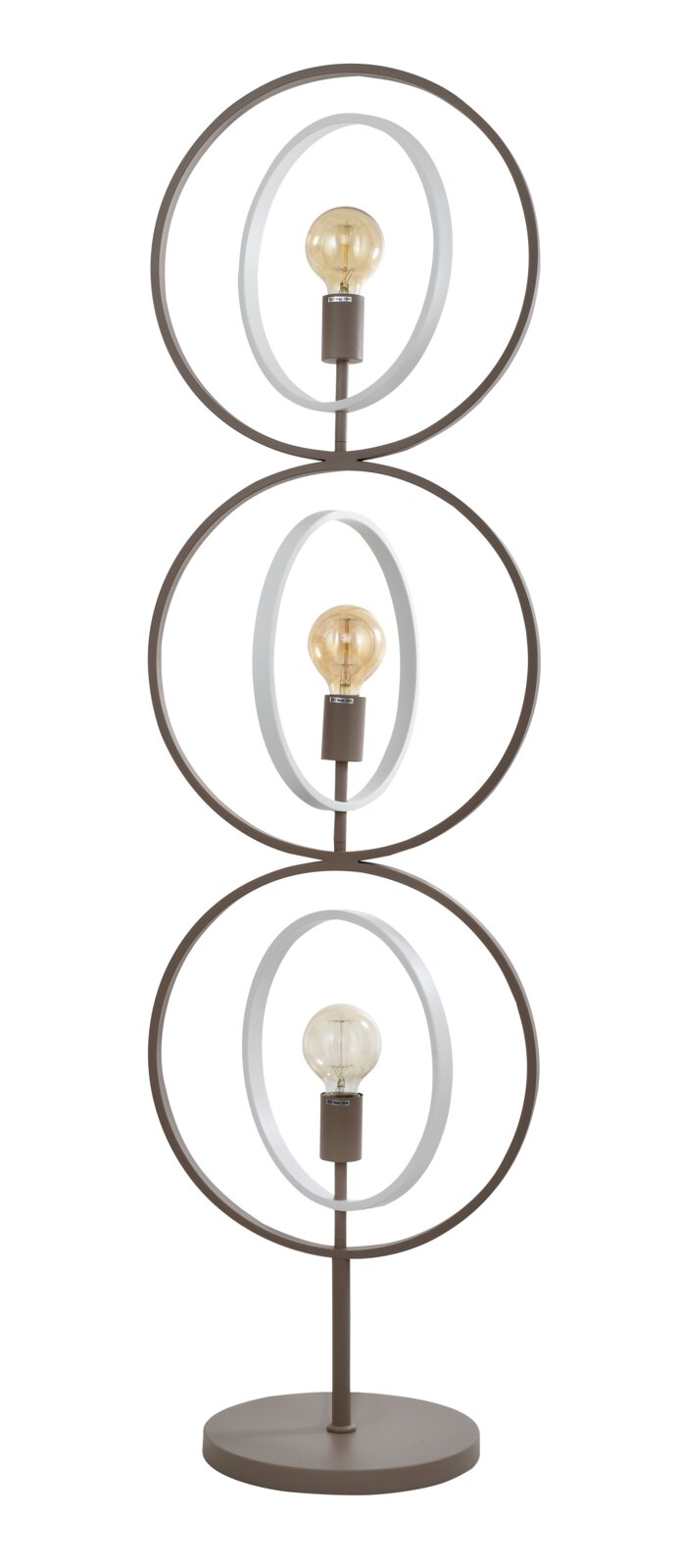 Frontaanzicht van een moderne bruine vloerlamp met ronde voet, drie gestapelde metalen ringen en drie decoratieve zichtbare lichtbronnen.