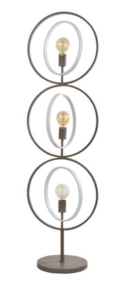 Frontaanzicht van een moderne bruine vloerlamp met ronde voet, drie gestapelde metalen ringen en drie decoratieve zichtbare lichtbronnen.