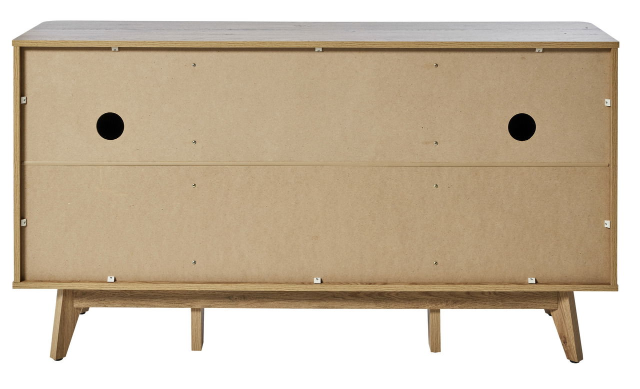 Rückansicht eines Sideboards mit Holzrahmen und zwei runden Öffnungen.