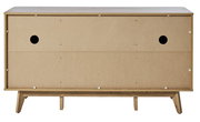 Rückansicht eines Sideboards mit Holzrahmen und zwei runden Öffnungen.