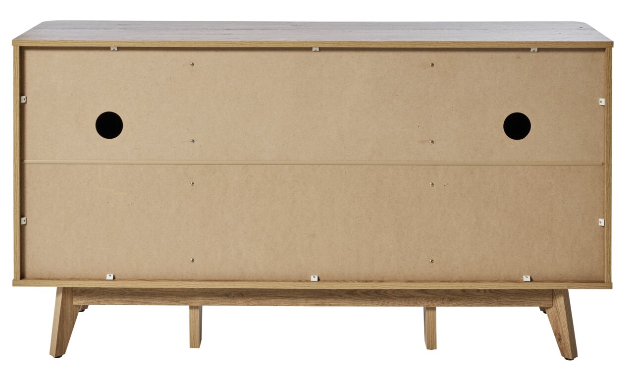 Rückansicht eines Sideboards mit Holzrahmen und zwei runden Öffnungen.