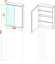 Technische 3D-Zeichnung eines hohen Badezimmerspiegelschranks mit seitlich öffnender Tür und Innenablagen, Maße ca. 1800 x 500 x 170 mm, Perspektive: links geschlossene Frontansicht und rechts schräg von vorn mit geöffneter Tür
