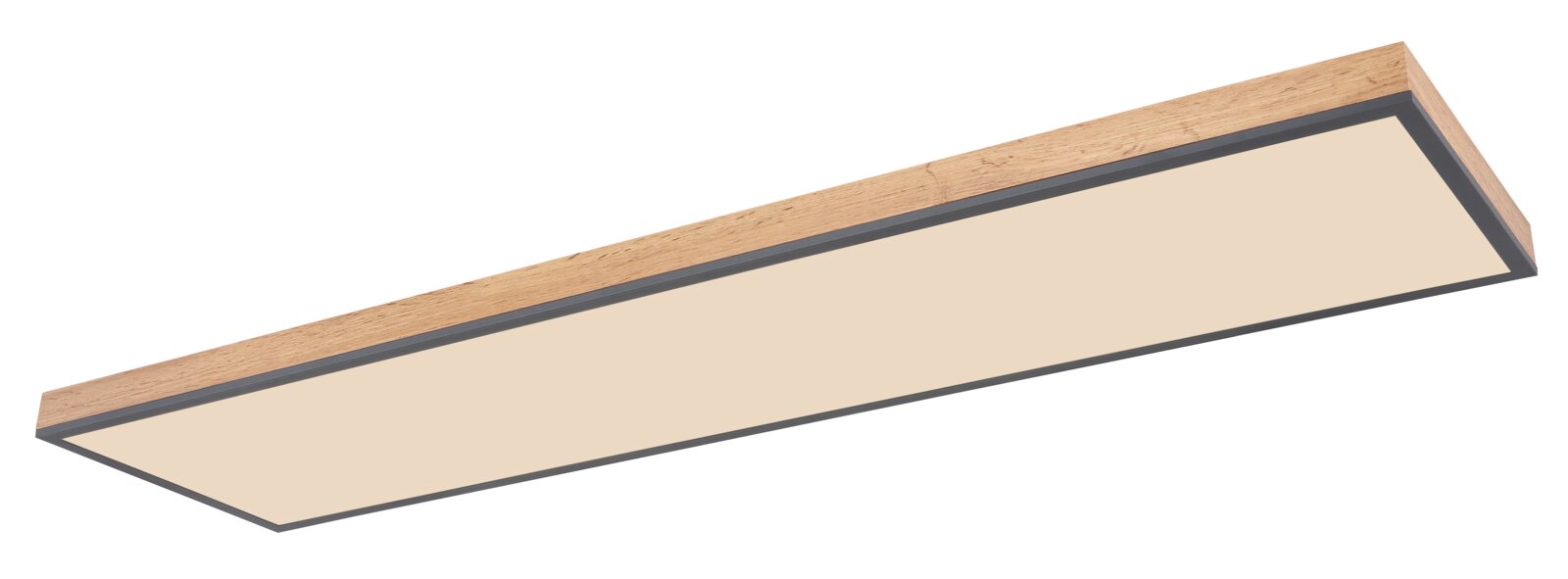 Moderne rechteckige Deckenleuchte mit Holzrahmen, seitliche Perspektive