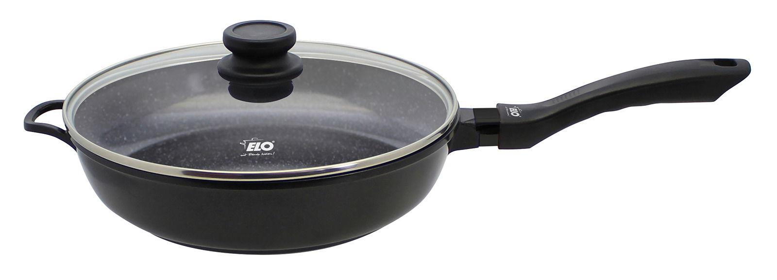 Servierpfanne mit Deckel, seitliche Perspektive, schwarzes Design, Glasdeckel mit Griff