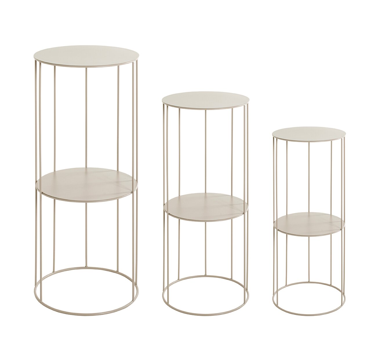 Dreiteiliges Set runder Beistelltische/Blumenständer in drei Höhen mit filigranem Metallgestell und zwei Ablageflächen, in Beige/Creme, freigestellt in Frontansicht