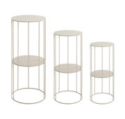 Dreiteiliges Set runder Beistelltische/Blumenständer in drei Höhen mit filigranem Metallgestell und zwei Ablageflächen, in Beige/Creme, freigestellt in Frontansicht
