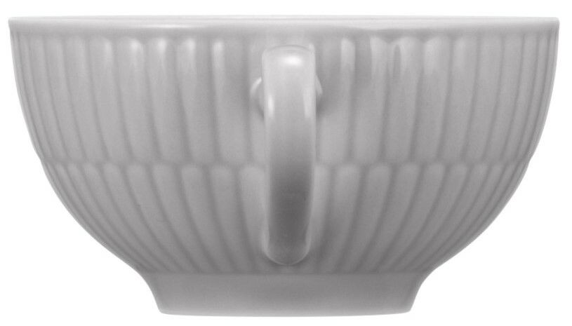 Seitenansicht einer weißen Teeobertasse mit geriffeltem Design und Henkel, 0,22 l