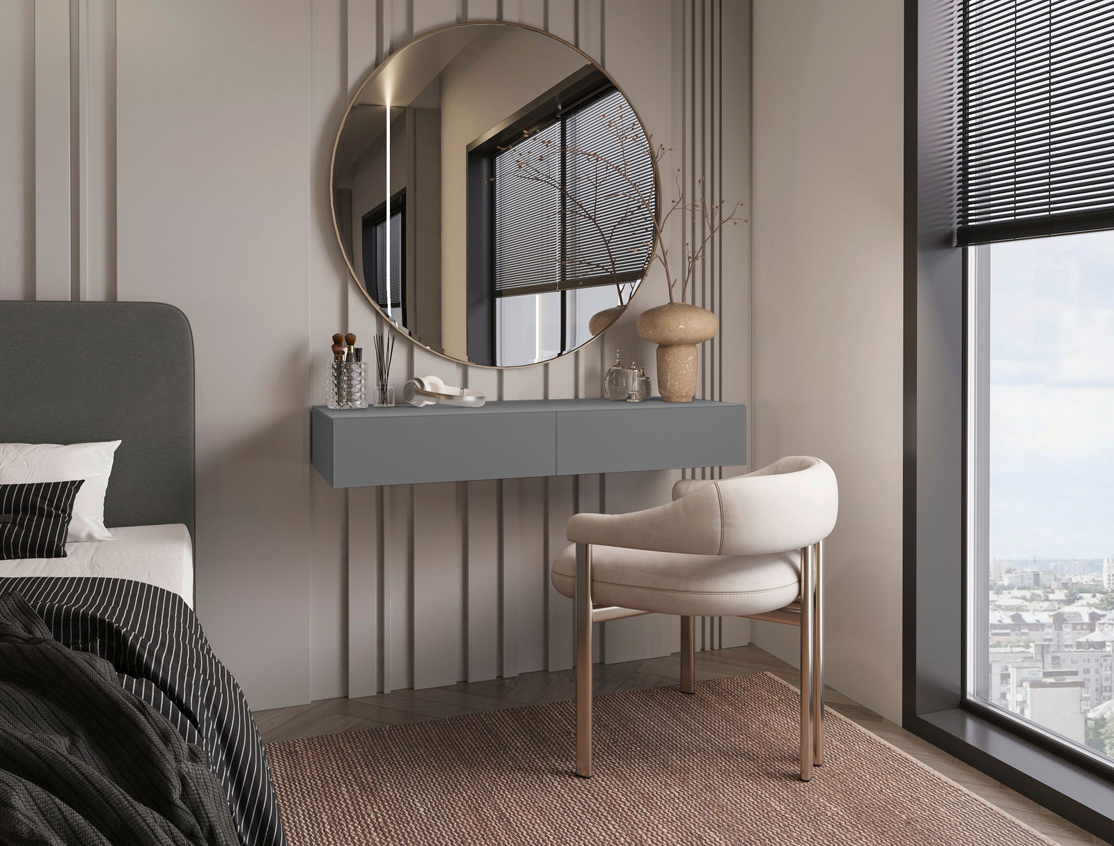 Moderne Wandkonsole in einem stilvollen Schlafzimmer, seitliche Perspektive mit rundem Spiegel und eleganter Dekoration.