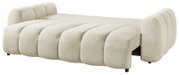 Cremefarbenes, gepolstertes Sofa mit Bouclé-Bezug und geripptem Design, in schräger Vorderansicht (3/4-Perspektive) freigestellt auf weißem Hintergrund