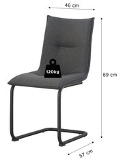 Gepolsterter Freischwinger-Stuhl in Dunkelgrau mit schwarzem Metallgestell, Maße ca. 46 cm Breite, 89 cm Höhe und 57 cm Tiefe, belastbar bis 120 kg, Ansicht schräg von vorne.