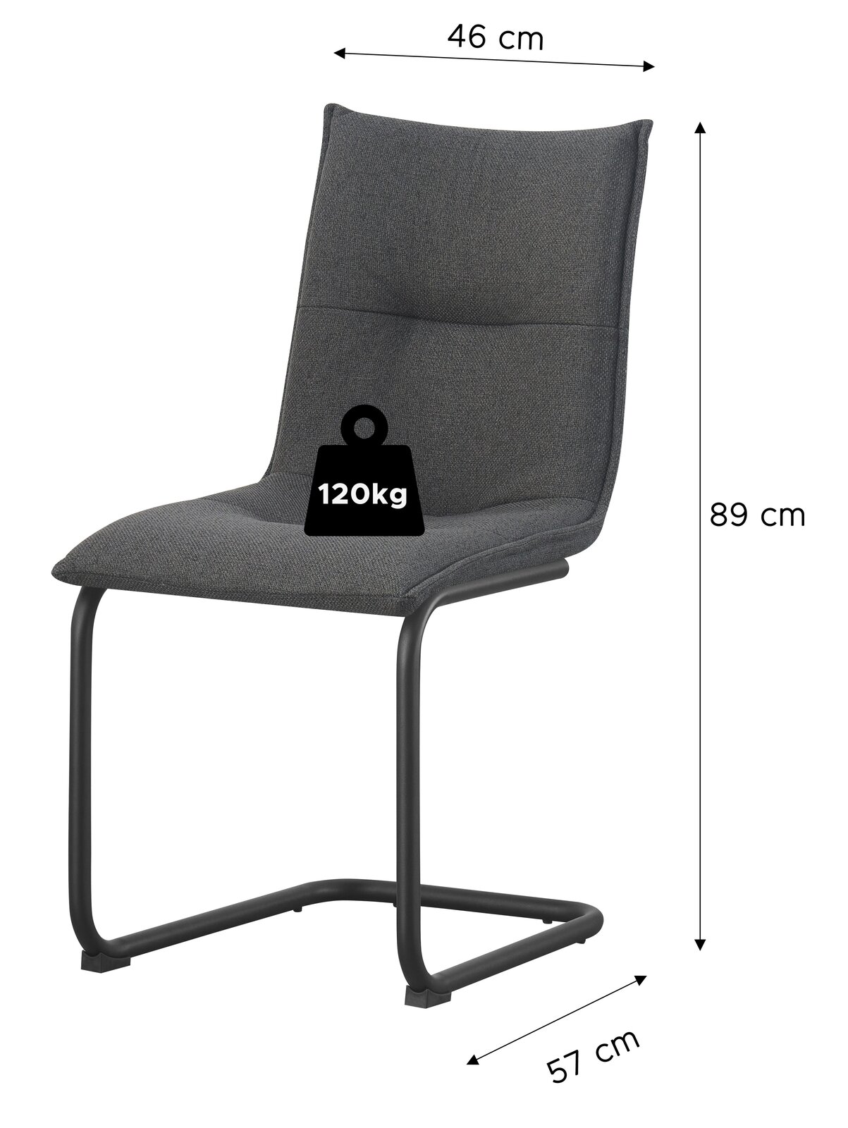 Gepolsterter Freischwinger-Stuhl in Dunkelgrau mit schwarzem Metallgestell, Maße ca. 46 cm Breite, 89 cm Höhe und 57 cm Tiefe, belastbar bis 120 kg, Ansicht schräg von vorne.